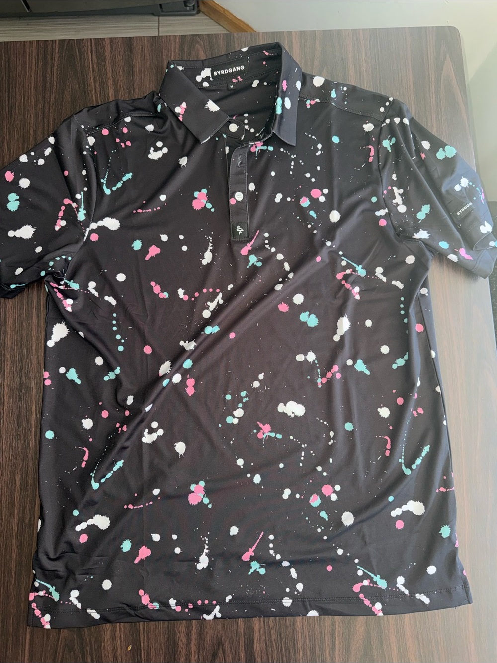 BYRDGANG Polo Shirt Black Paint Splatter Collared Button Men's Short Sleeve M